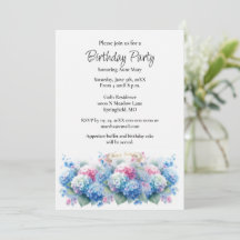 Birthday Party Blue Hydrangea Flower Invitation