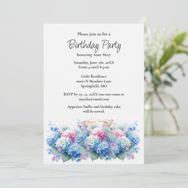 Convite Birthday Party Blue Hydrangea Flower Invitation (Em pé/Frente)