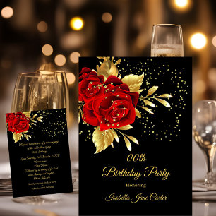 Convite Birthday Party Exotic Red Rose Black Floral Gold 2