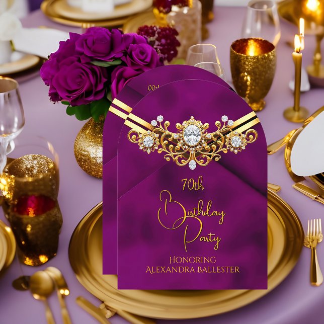 Convite Birthday Party Plum Faux Velvet Gold Diamonds Gems (Criador carregado)