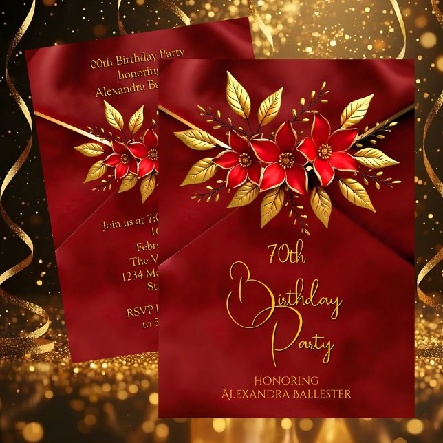 Convite Birthday Party Red Flowers Faux Crush Velvet Gold (Criador carregado)