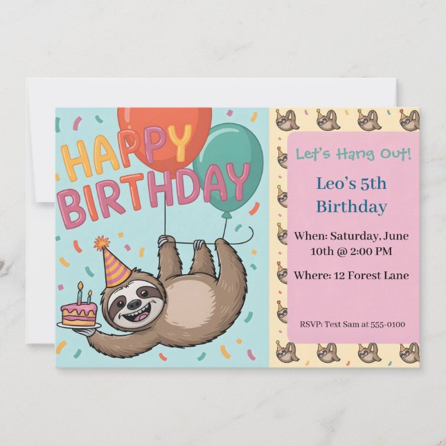 Convite Birthday Party Sloth with Balloons and Cake (Frente)