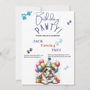 Convite Birthday Pawty Bulldog Dog Personalizado Aniversár