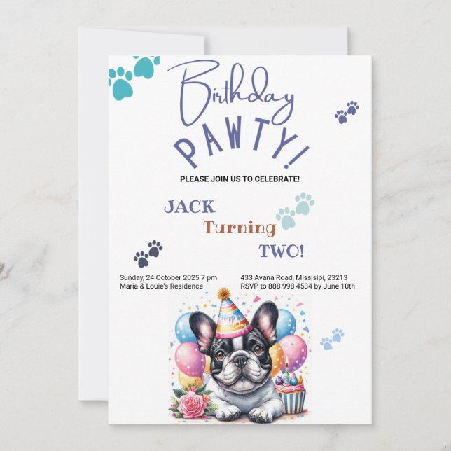 Convite Birthday Pawty French Buldogue Dog Aniversário (Frente)