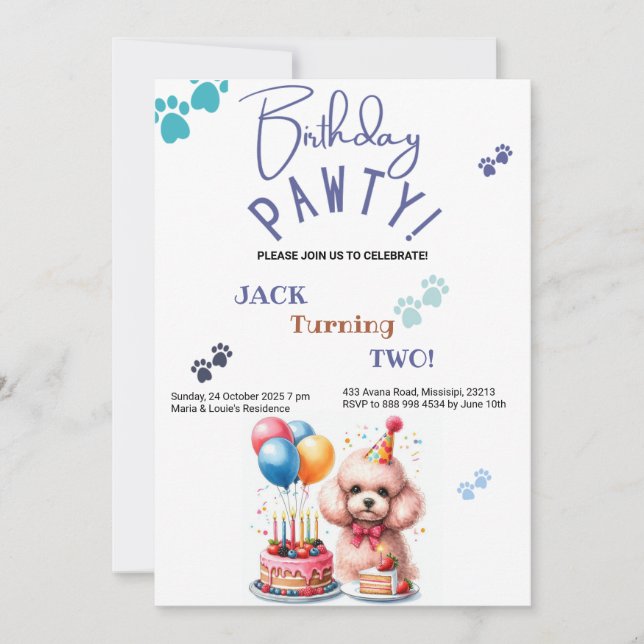 Convite Birthday Pawty Poodle Dog Personalizado Aniversári (Frente)
