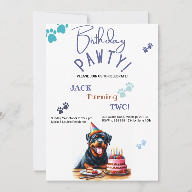 Convite Birthday Pawty Rottweiler Cão Personalizado Aniver (Frente)