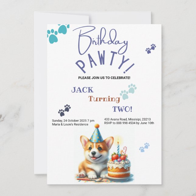 Convite Birthday Pawty Welsh Corgi Cão Personalizado Anive (Frente)