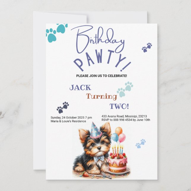 Convite Birthday Pawty Yorkshire Terrier Dog Birthday (Frente)