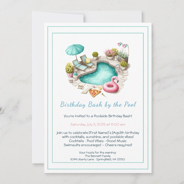 Convite Birthday Pool Party Invitation with Cocktails  (Frente)