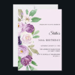 Convite Birthday purple lavender florals blush pink<br><div class="desc">Celebrate a special milestone with this elegant floral birthday invitation 💜 This beautiful design features soft watercolor flowers in shades of lavender, purple and green, creating a timeless and feminine look that is perfect for a stylish celebration. Soft, blush pink background. The delicate floral arrangement adds a touch of romance...</div>