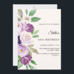 Convite Birthday purple lavender florals ivory<br><div class="desc">Celebrate a special milestone with this elegant floral birthday invitation 💜 This beautiful design features soft watercolor flowers in shades of lavender, purple and green, creating a timeless and feminine look that is perfect for a stylish celebration. The delicate floral arrangement adds a touch of romance and sophistication, making it...</div>