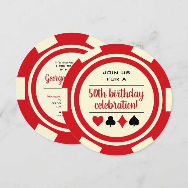 Convite Birthday Red White Poker Chip Casino Las Vegas (Frente/Verso)