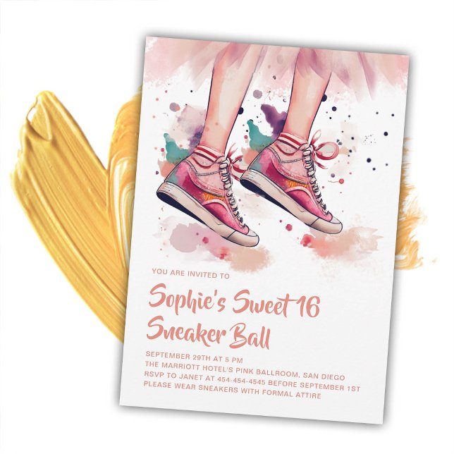 Convite Birthday Sneaker Ball Grunge Watercolor Sweet 16 (birthday sneaker ball invitation sweet 16 grunge painter rag watercolor splash pink teal purple chic)
