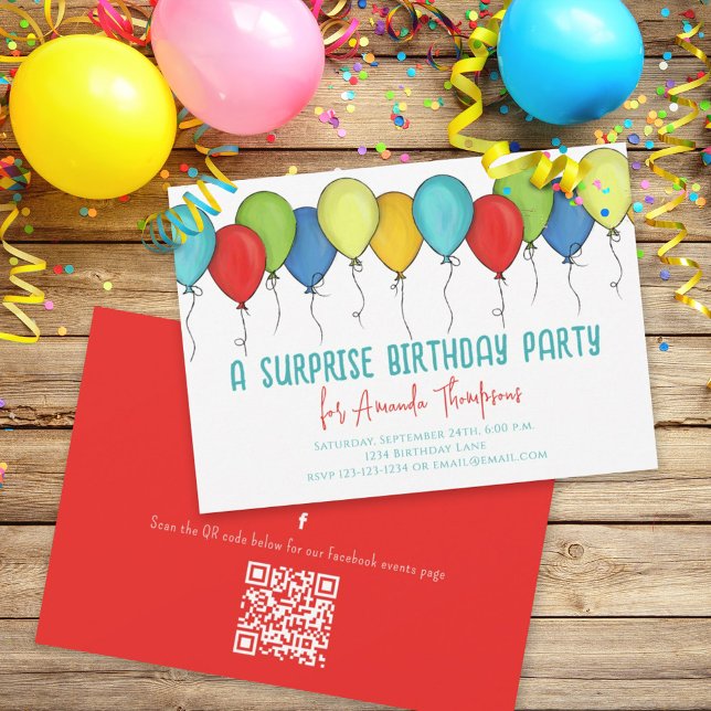 Convite Birthday Surprise Party Balões QR Code Facebook (Criador carregado)