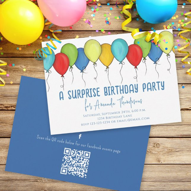 Convite Birthday Surprise Party Balões QR Code Facebook (Criador carregado)