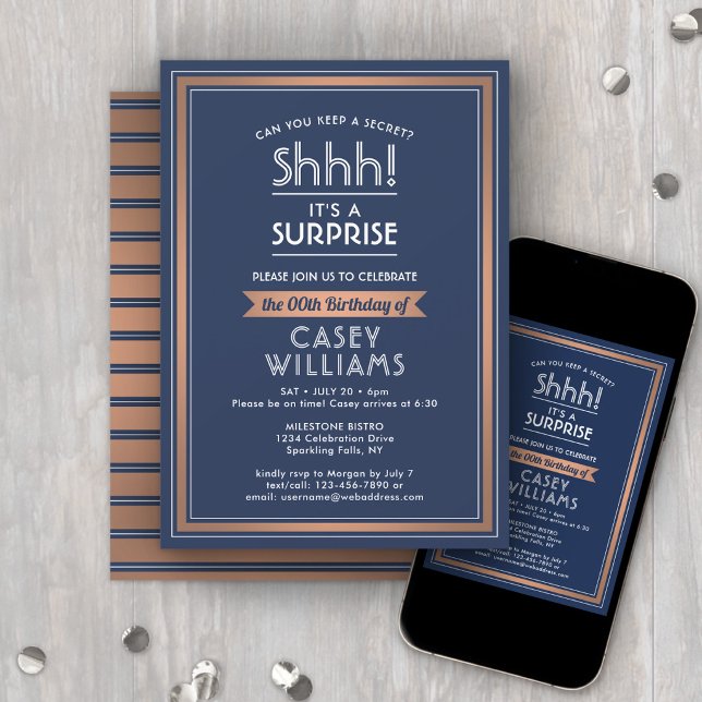 Convite Birthday Surprise Party Navy Blue, White & Copper (Criador carregado)