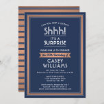 Convite Birthday Surprise Party Navy Blue, White & Copper<br><div class="desc">Can you keep a secret? Invite family and friends to an elegant and exciting surprise birthday celebration with custom navy blue, white and copper party invitations. All wording on this template is simple to personalize, including message that reads "Shhh! It's a SURPRISE." The design features a modern striped border, classic...</div>