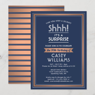 Convite Birthday Surprise Party Navy Blue, White & Copper