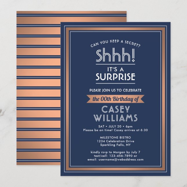 Convite Birthday Surprise Party Navy Blue, White & Copper (Frente/Verso)