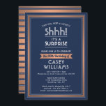 Convite Birthday Surprise Party Navy Blue, White & Copper<br><div class="desc">Can you keep a secret? Invite family and friends to an elegant and exciting surprise birthday celebration with custom navy blue, white and copper party invitations. All wording on this template is simple to personalize, including message that reads "Shhh! It's a SURPRISE." The design features a modern striped border, classic...</div>