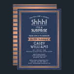 Convite Birthday Surprise Party Navy Blue, White & Copper<br><div class="desc">Can you keep a secret? Invite family and friends to an elegant and exciting surprise birthday celebration with custom navy blue, white and copper party invitations. All wording on this template is simple to personalize, including message that reads "Shhh! It's a SURPRISE." The design features a modern striped border, classic...</div>
