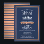 Convite Birthday Surprise Party Navy Blue, White & Copper<br><div class="desc">Can you keep a secret? Invite family and friends to an elegant and exciting surprise birthday celebration with custom navy blue, white and copper party invitations. All wording on this template is simple to personalize, including message that reads "Shhh! It's a SURPRISE." The design features a modern striped border, classic...</div>