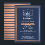 Convite Birthday Surprise Party Navy Blue, White & Copper<br><div class="desc">Can you keep a secret? Invite family and friends to an elegant and exciting surprise birthday celebration with custom navy blue, white and copper party invitations. All wording on this template is simple to personalize, including message that reads "Shhh! It's a SURPRISE." The design features a modern striped border, classic...</div>