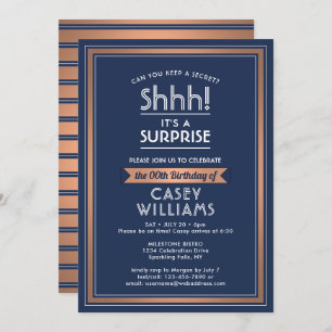 Convite Birthday Surprise Party Navy Blue, White & Copper