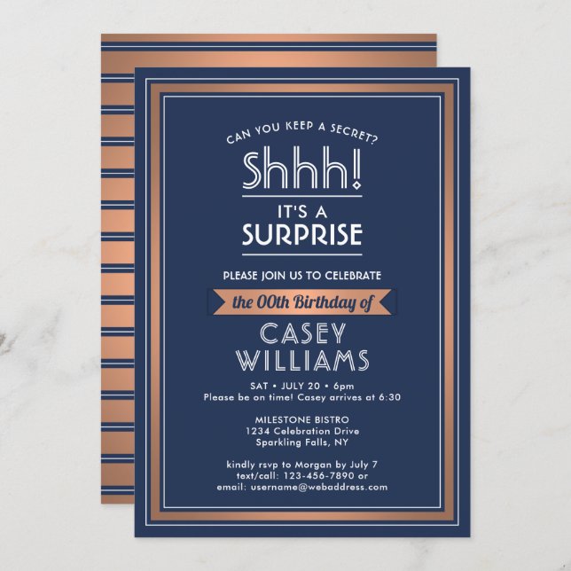 Convite Birthday Surprise Party Navy Blue, White & Copper (Frente/Verso)