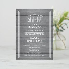 Convite Birthday Surprise Party Rustic Wood Gray and White