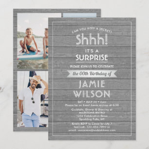 Convite Birthday Surprise Party Rustic Wood Gray and White