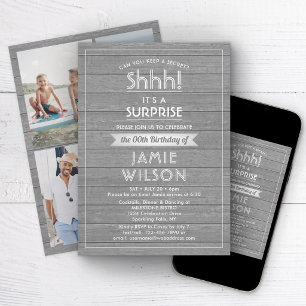 Convite Birthday Surprise Party Rustic Wood Gray and White