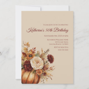 Convite Birthday-Watercolor Pumpkin e Flores-