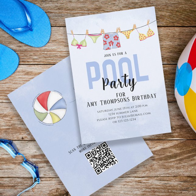 Convite Birthday Whimsical Piscina Party SwimPROCESSOS QR (Criador carregado)