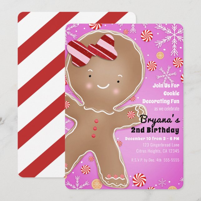 Convite Biscoito de Gengibre de Hortelã Rosa de Natal Aniv (Frente/Verso)