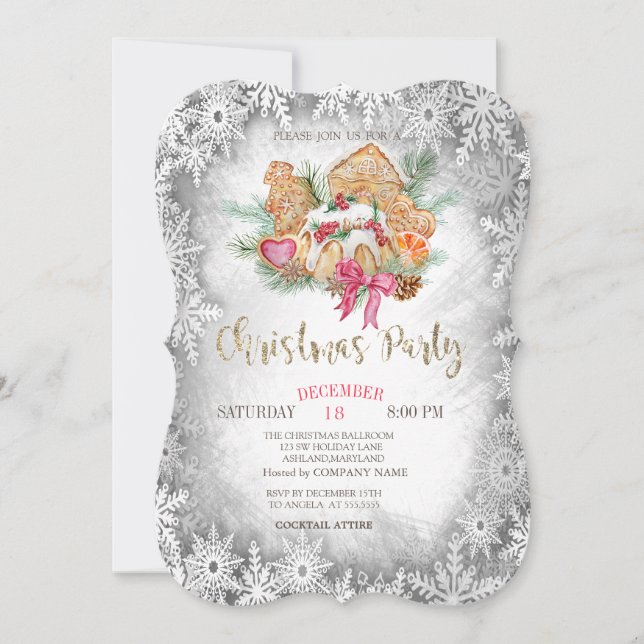 Convite Biscoito de Gingerpão, flocos de neve de Cinza no  (Frente)