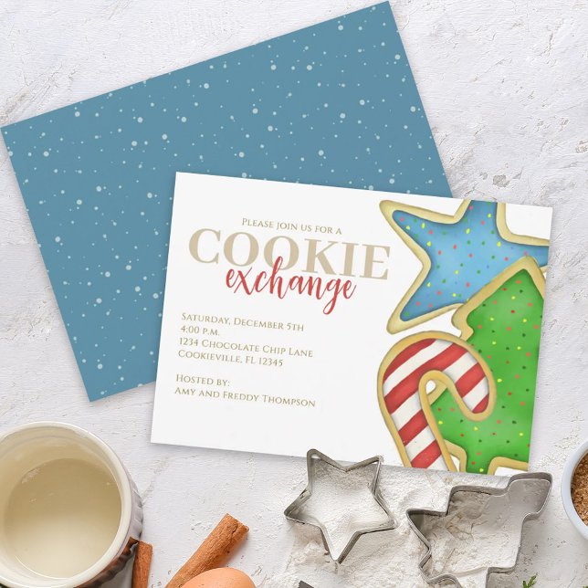 Convite Biscoitos de Natal Caprichosos Doce Festa Adorável (Christmas whimsical colorful cookie cutout invitation with watercolor cute cookies. )