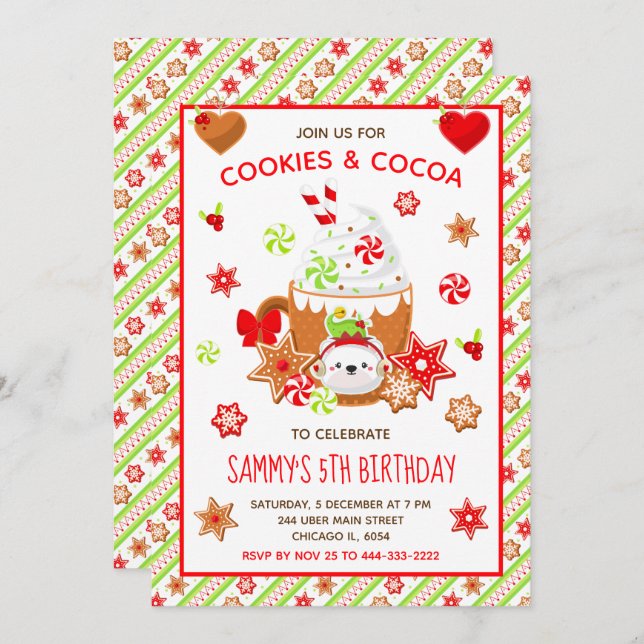 Convite Biscoitos de Natal e Cacau Verde de Aniversário (Frente/Verso)