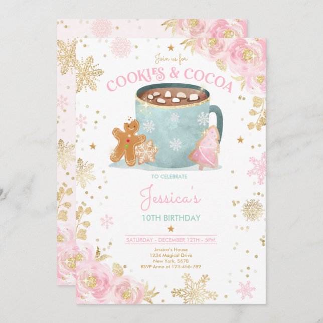 Convite Biscoitos de Natal rosa e Dourado e cacau Aniversá (Frente/Verso)