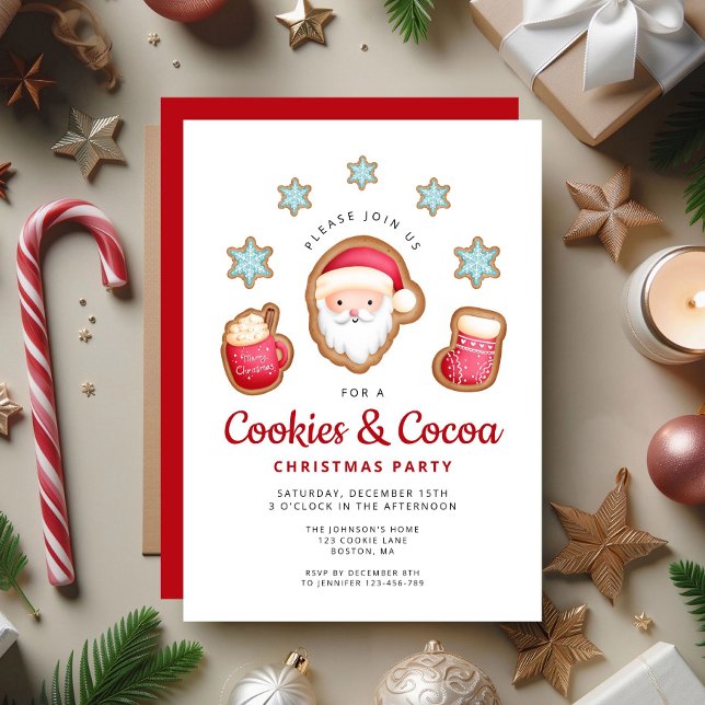 Convite Biscoitos e Cacau do Papai Noel Natal Adesivos Fes (Cute Santa Cookies & Cocoa Christmas Party Invitation)