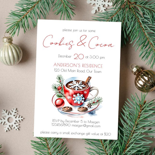 Convite Biscoitos e modelo de festas de Natal simples de c (Cookies and cocoa Christmas party template invitation instant download modern minimalist watercolor )