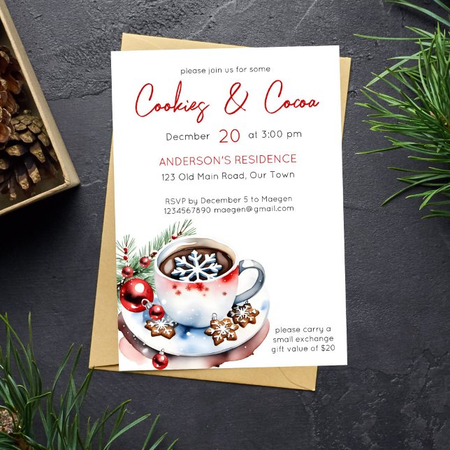 Convite Biscoitos e modelo de festas de Natal simples de c (Cookies and cocoa Christmas party template invitation simple minimalist modern watercolor snowflake)