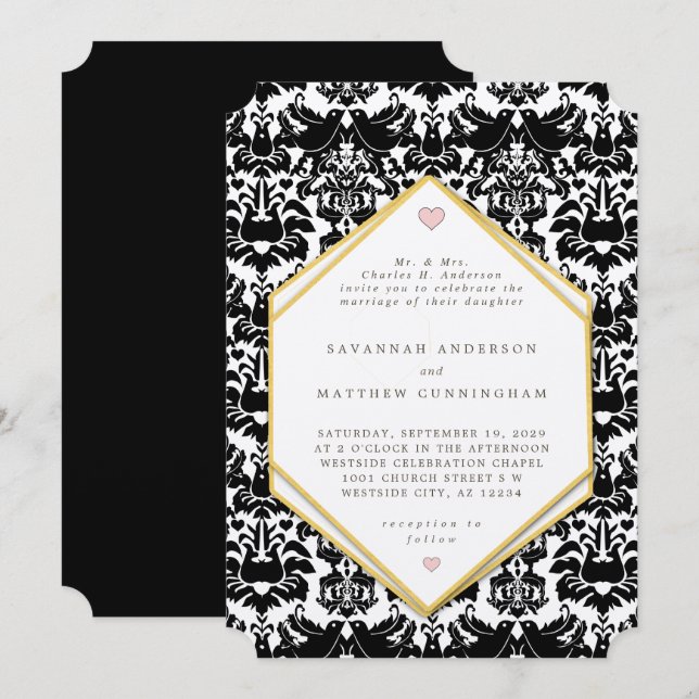Convite Blaack & Gold LoveBird Antigo Casamento Damask (Frente/Verso)