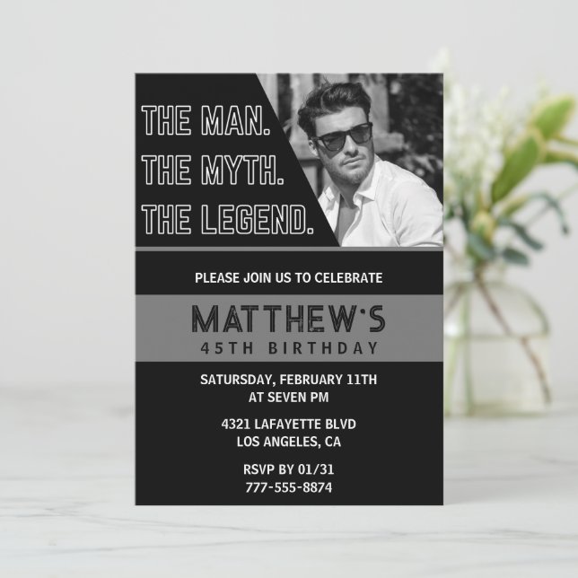 Convite Black 45.º aniversário convida O Homem a lenda (Em pé/Frente)