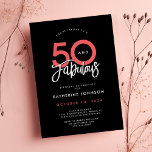 Convite Black 50 e Fabuloso Elegante 50º aniversário<br><div class="desc">Apresentando nosso 50 e Fabuloso 50º Aniversário do Elegante! Este convite irradia sofisticação com seu fundo preto complementado por elegantes corais e letras brancas que exibem lindamente a frase '50 e Fabuloso' em na moda. No lado do sacudir, descubra um padrão "50" branco-chic. Personalize com seus detalhes de eventos e...</div>