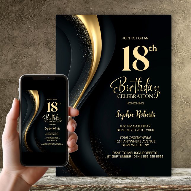 Convite Black and Gold 18th Birthday Party (Criador carregado)