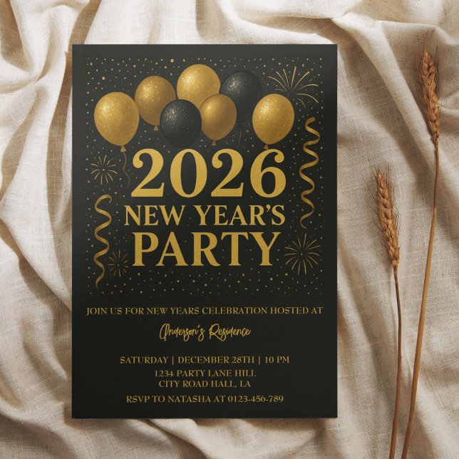 Convite Black And Gold 2026 New Year Party (Criador carregado)
