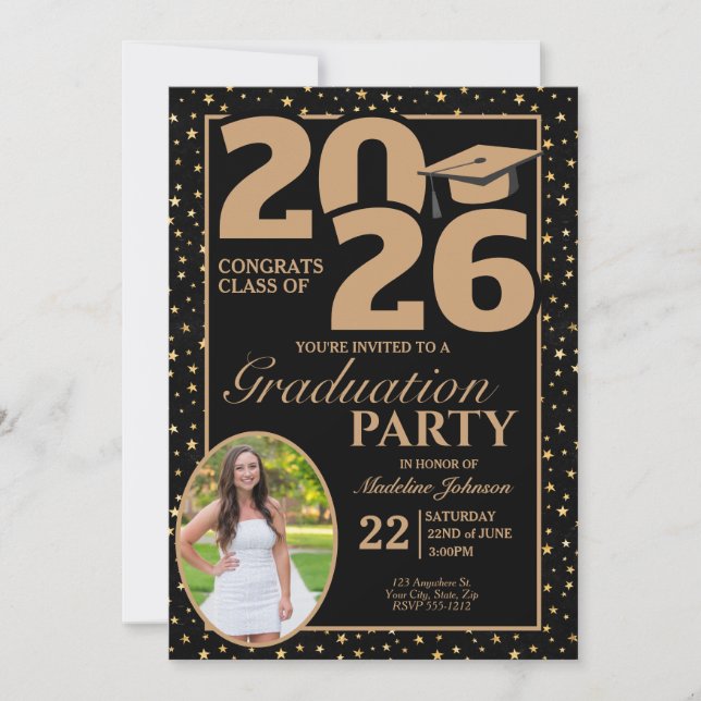 Convite Black and Gold 2026 Photo Graduation Invitation (Frente)