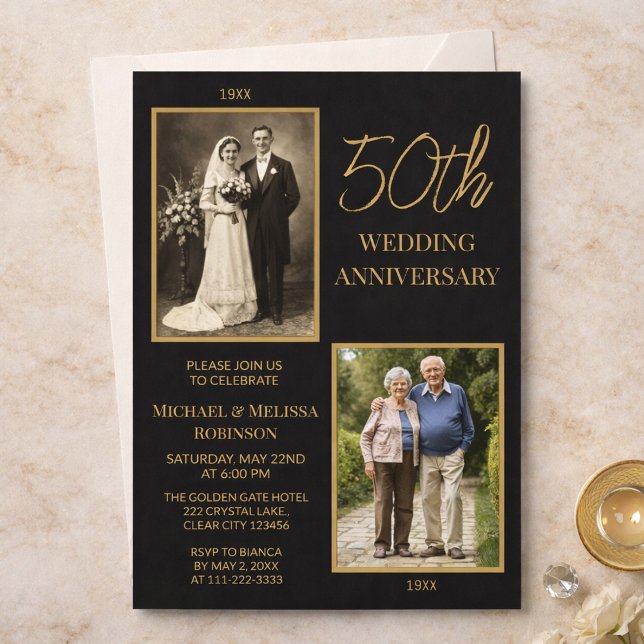 Convite Black and Gold 50th Wedding Anniversary Design (Criador carregado)