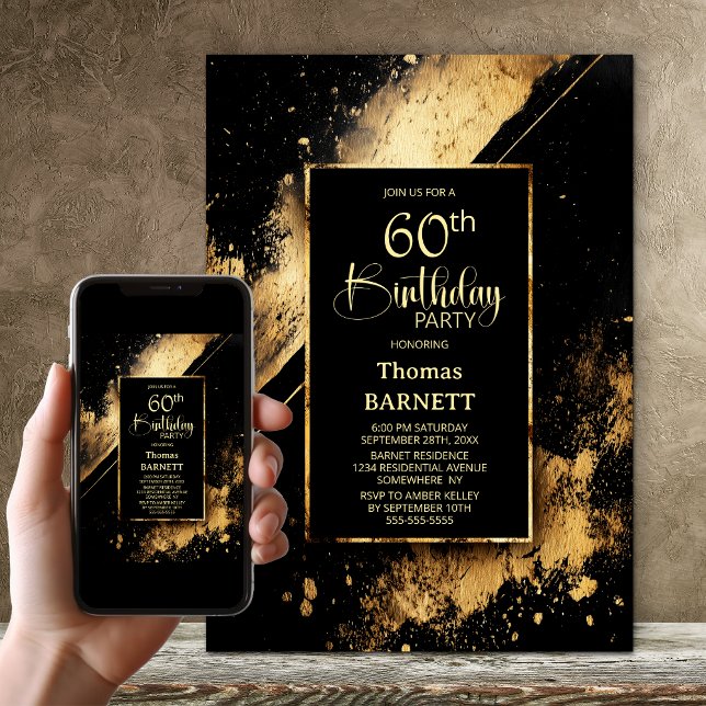 Convite Black and Gold 60th Birthday Party (Criador carregado)